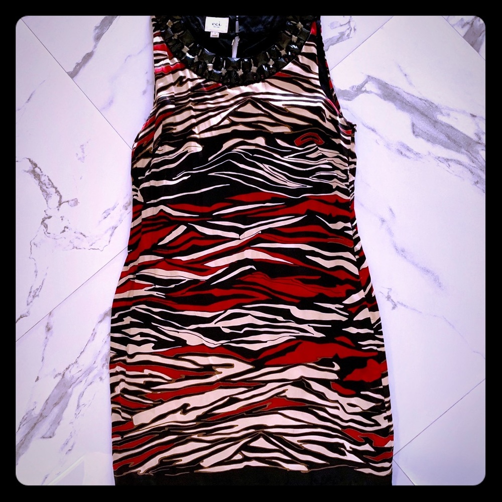 Eci Tiger Print Silk Sheath Dress w/Jewele…